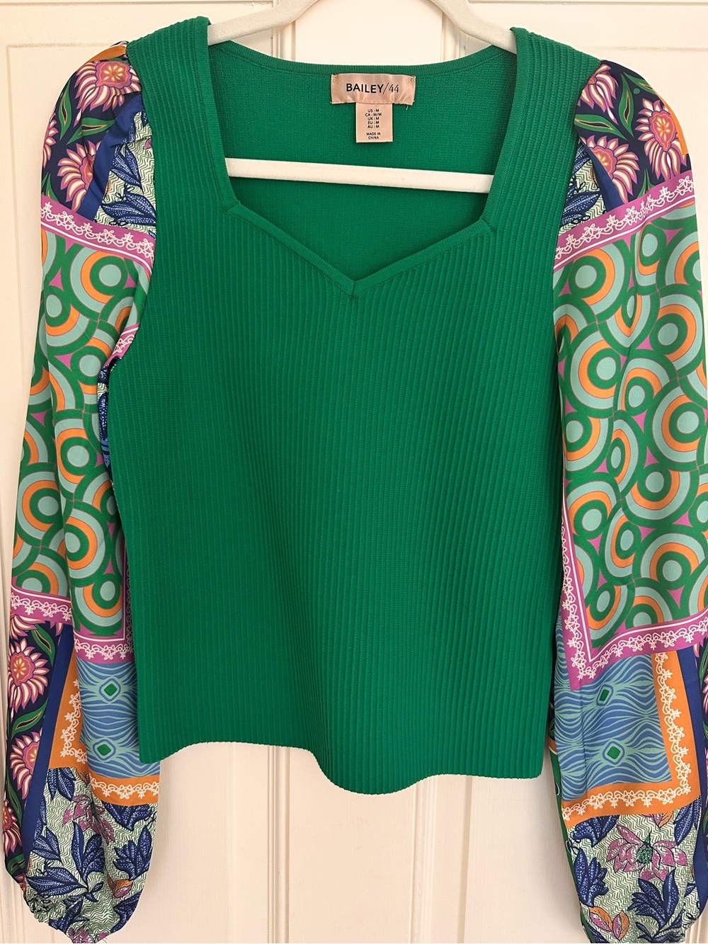Bailey/44 Green Rib Knit Mixed Print Puff Sleeve Top Size Medium Boho Chic